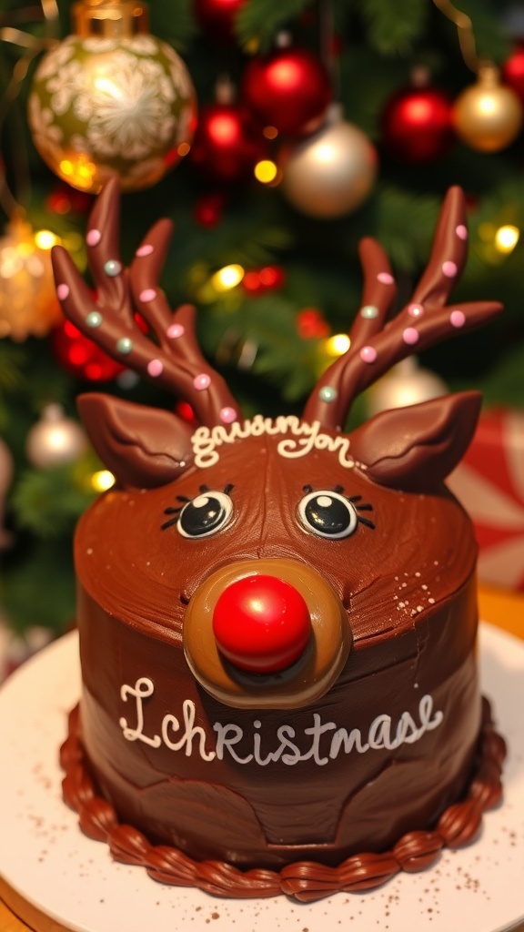 Christmas Reindeer Cake Recipe A festive Christmas reindeer cake decorated with chocolate frosting and fondant, resembling a cheerful reindeer.